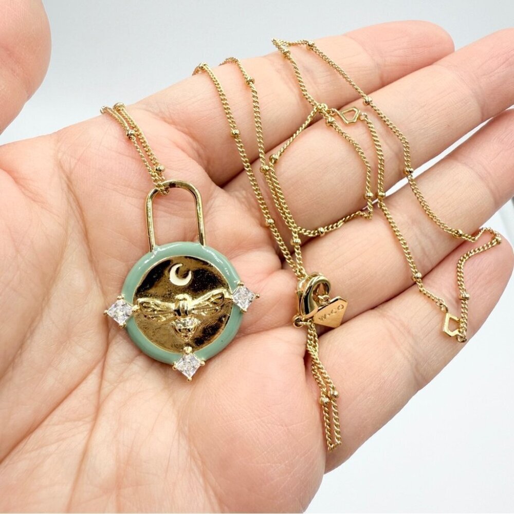 Wanderlust + Co Green Enamel Honeybee Medallion Gold Plated Necklace